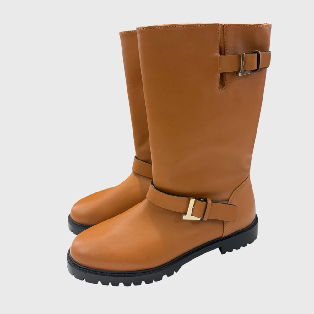 Lafayette 148 Tan Leather Gold Buckle Jordan Moto Boots Size 38 1/2
